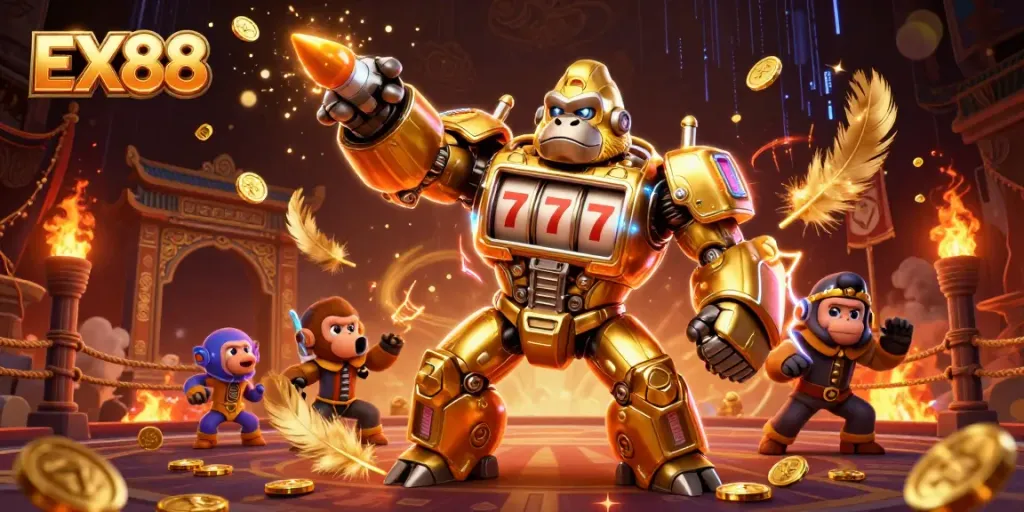 Engage in gaming excitement with EX88's golden gorilla mech and dynamic casino elements.