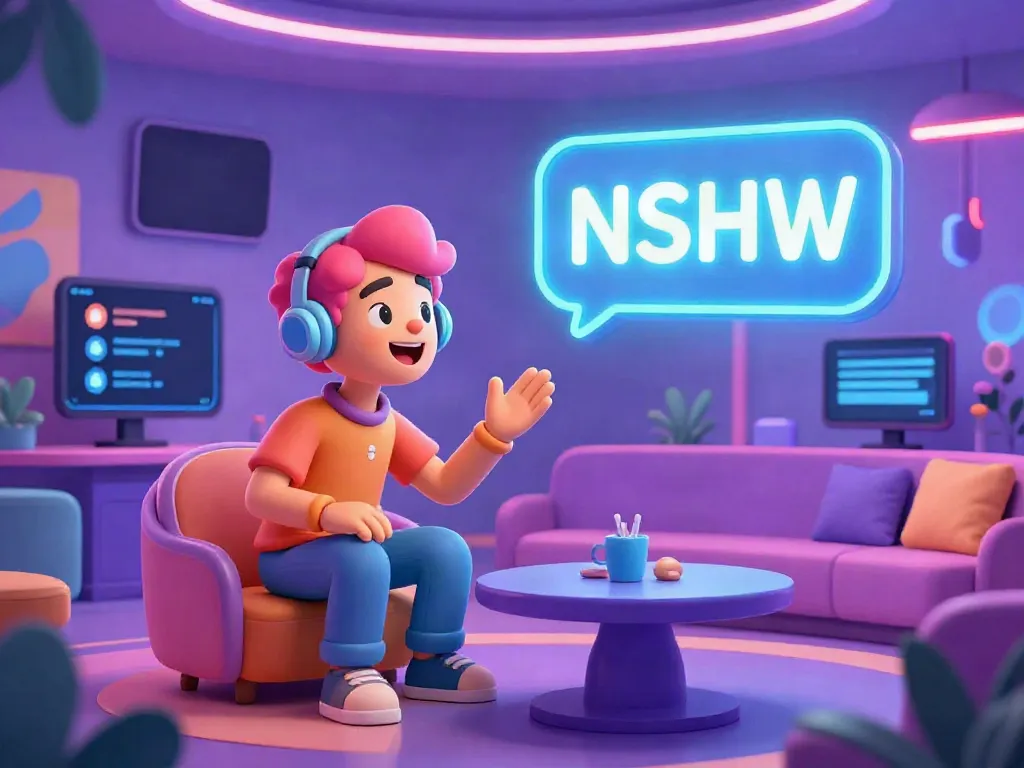 The dynamic virtual scene of an NSFW AI chat character interacting with a user in a vibrant digital lounge.