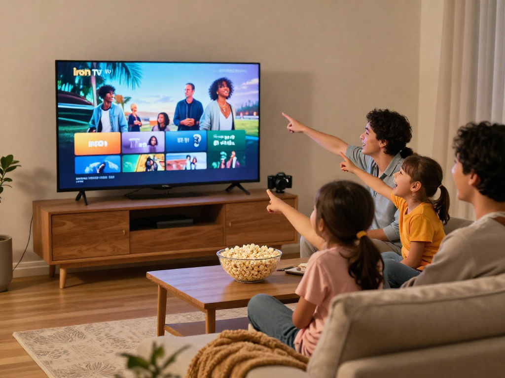 Expérience de streaming sur Iron TV avec une famille réunie devant le téléviseur, ambiance chaleureuse et joyeuse.