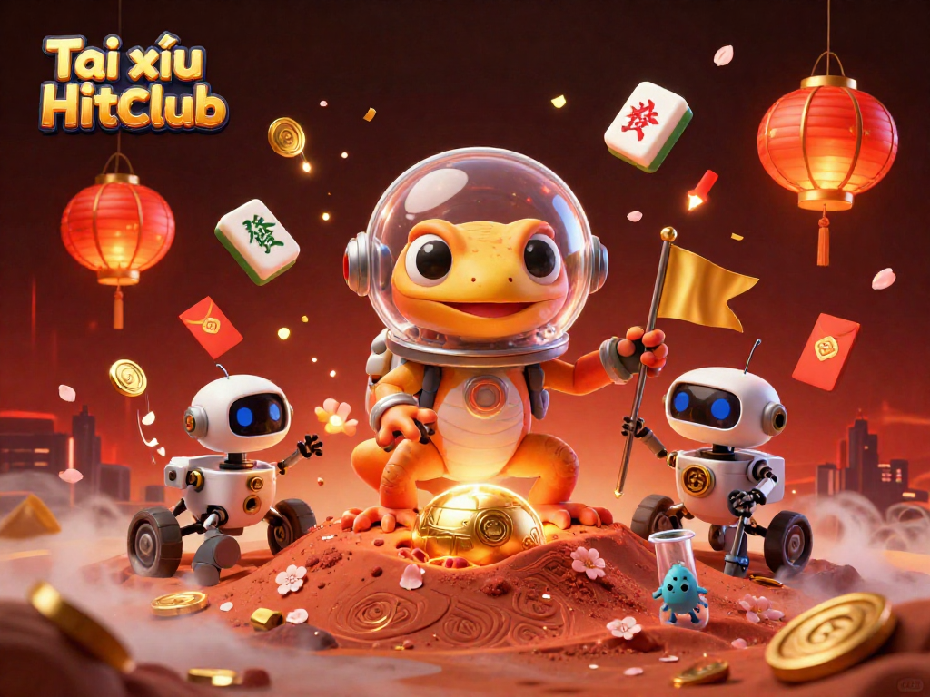 Tài xỉu Hitclub brings excitement with a Martian gecko exploring a golden casino, surrounded by festive elements.